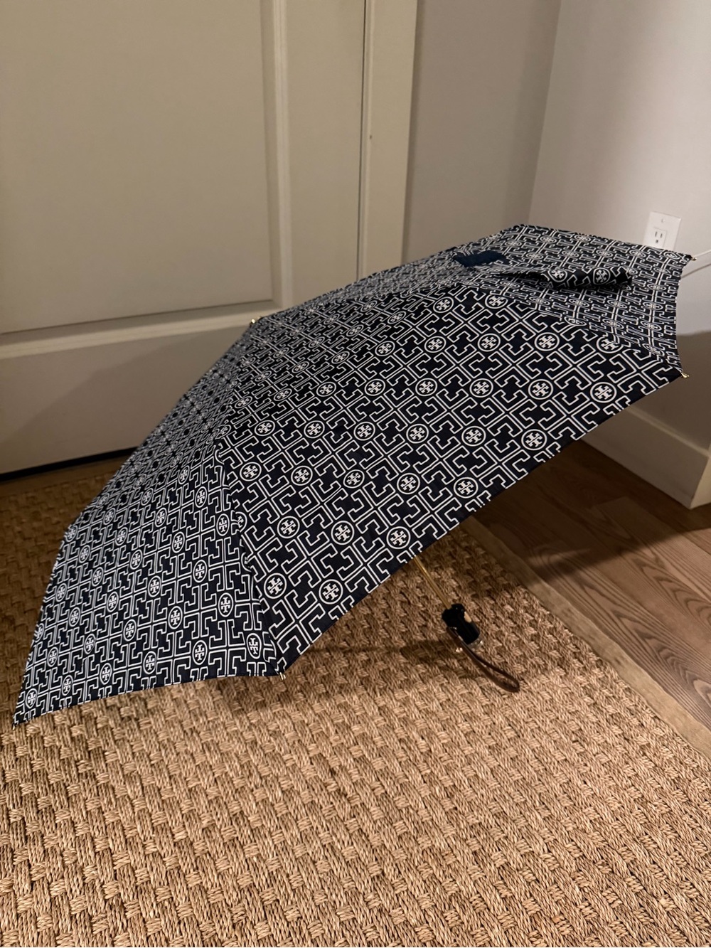 Tory Burch Navy and White Logo-Print Compact Umbrella